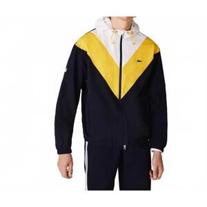 NEW LACOSTE colorblock hooded full-zip jacket in navy/yellow/white